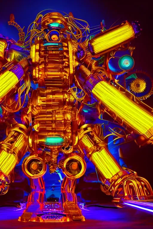 Prompt: portrait photo of a giant huge golden and blue metal futuristic steampunk robot covered with multicolored big gears and tubes, a red electric guitar, eyes are glowing red lightbulbs, shiny crisp finish, 3 d render, 8 k, insaneley detailed, fluorescent colors, background is multicolored lasershow