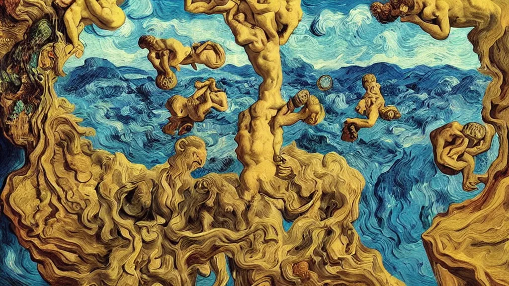 Image similar to psychoautistic scene of a divine moment, 4K, Rococo & Precisionism, colorized, by collaboration of Salvador Dali, Van Gogh and M. C. Escher