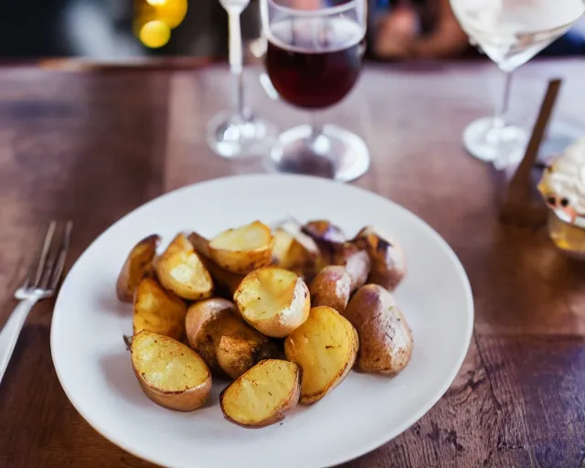 Prompt: 8 5 mm food photography of a plate of grilled potatoes with vanilla ice cream at a restaurant with dof and bokeh and wine glasses o