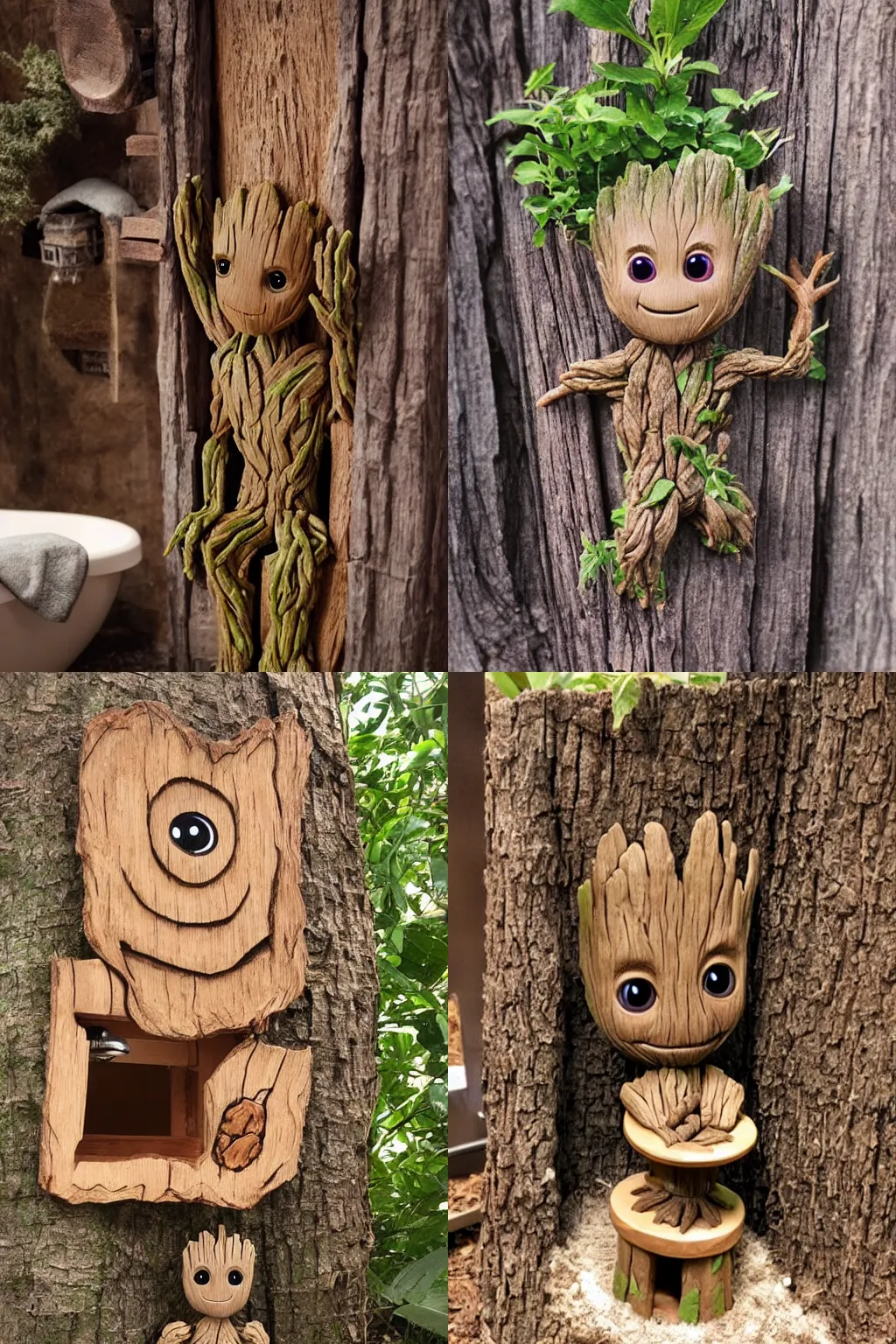 Prompt: little cute Groot takes a bathroom made of wood, by disney plus