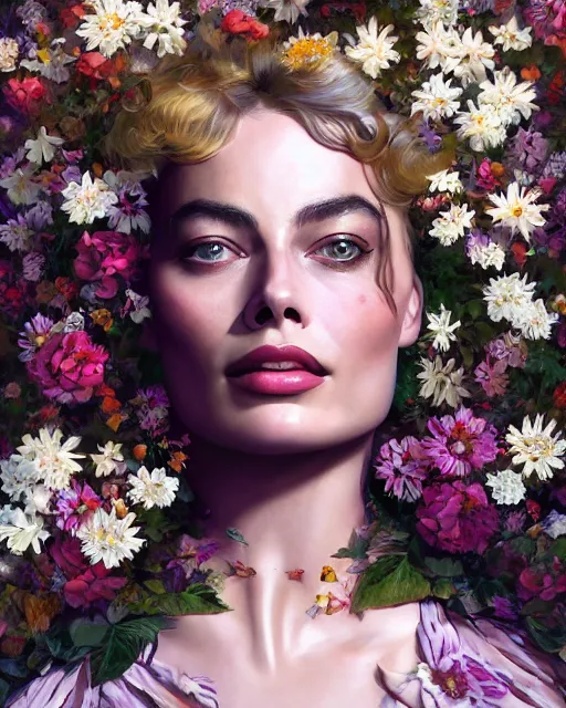 Image similar to portrait of margot robbie, surrounded by flowers by karol bak, james jean, tom bagshaw, rococo, sharp focus, trending on artstation, cinematic lighting, hyper realism, octane render, 8 k, hyper detailed.