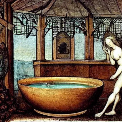 Prompt: leonardo da vinci's plans for his new invention the hot tub