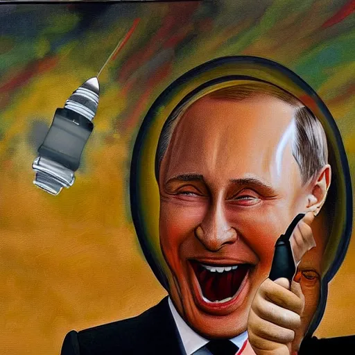 Prompt: a beautiful complex painting of putin pushing a button for a nuclear bomb while he's laughing