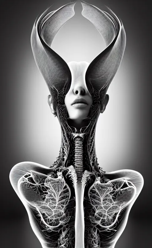 Image similar to a black and white 3D render of a beautiful portrait of a young female angelic-dragon-cyborg face with a very long neck, 150 mm, orchids, Mandelbrot fractal, anatomical, flesh, facial muscles, veins, arteries, full frame, microscopic, elegant, highly detailed, flesh ornate, elegant, high fashion, rim light, ray trace, octane render in the style of H.R. Giger and Man Ray, Realistic, Refined, Digital Art, Highly Detailed, Cinematic Lighting, rim light, black and white, photo-realistic Unreal Engine, 8K