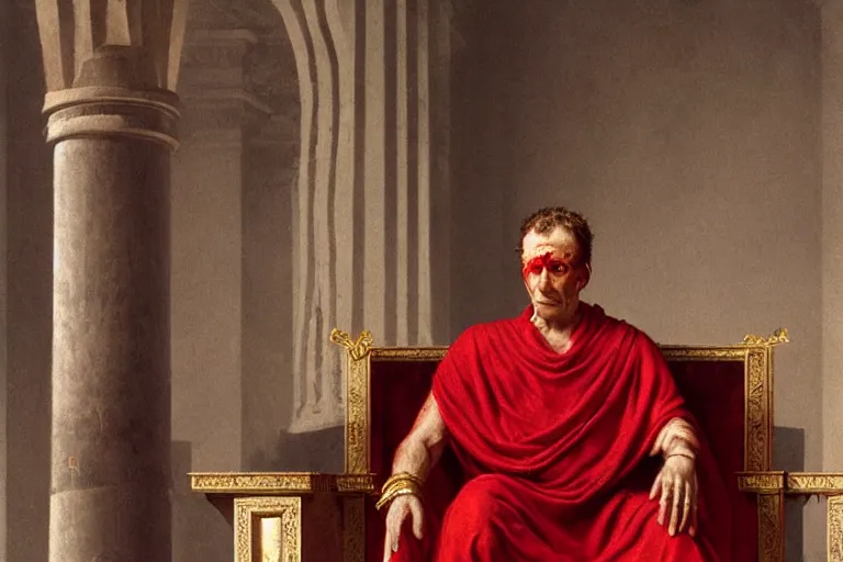 Image similar to a tired, lonely and broken julius caesar is sitting on his throne. face is highly detailed. splices of red are running down his toga. mist. color scheme red and gold. soft light. low angle medium shot. imagined by greg rutkowski and jean - leon gerome