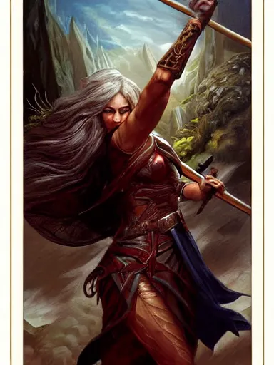 Image similar to seven of wands aggression defiance conviction. tarot card. intricate, elegant, highly detailed, digital painting, artstation, concept art, sharp focus, illustration, by justin gerard and artgerm, 8 k