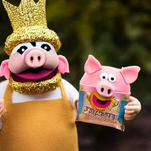 Image similar to pig at a party wearing a gold crowns as a Muppet holding a snack bag 8k