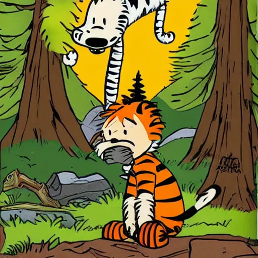 Prompt: Calvin and Hobbes camping in the forest-n 6