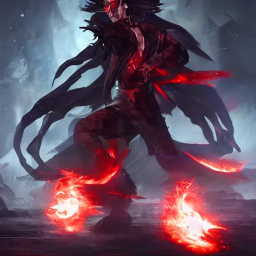 Image similar to an evil mage with burning eyes in a fighting pose casting a dark spell, character splash art, dynamic, action pose, digital painting, WLOP, trending on artstation, 8k, epic composition, highly detailed, sharp focus