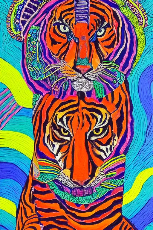 Image similar to an image of a tiger wearing a headdress, a detailed painting by Laurel Burch, pinterest contest winner, psychedelic art, detailed painting, made of beads and yarn, outlined art