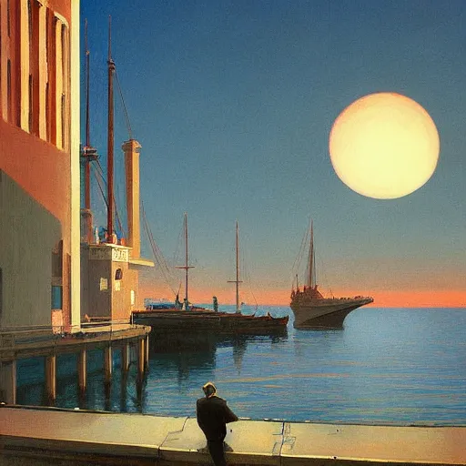 Prompt: Old victorian harbour at dusk, very coherent, painted by Edward Hopper, Wayne Barlowe, painted by James Gilleard, airbrush, art by JamesJean