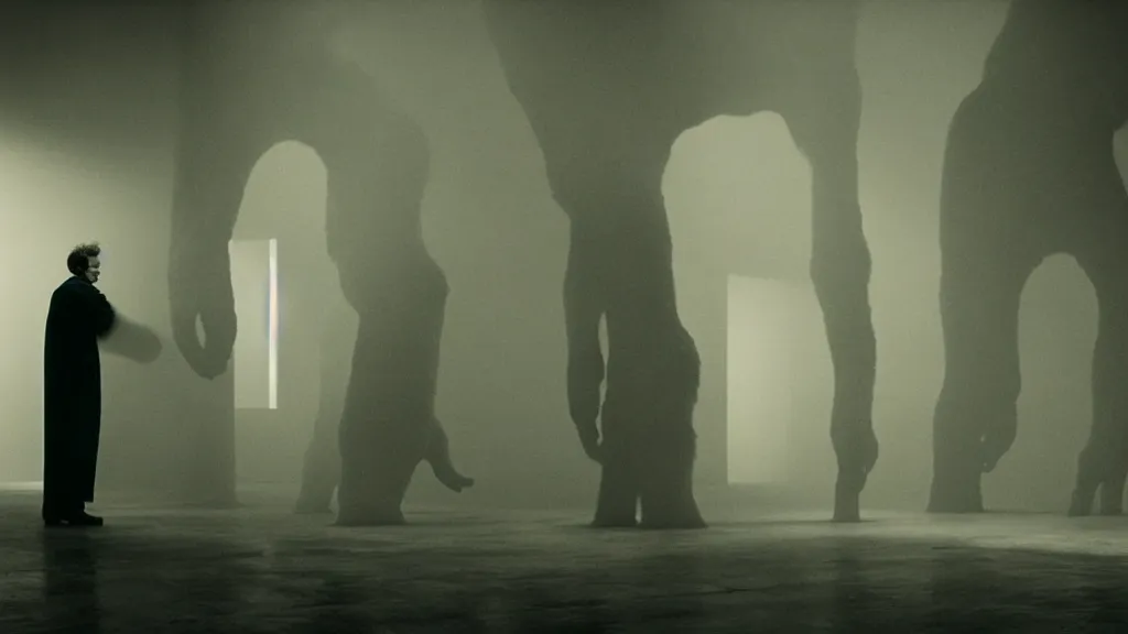 Image similar to the giant hands walks through the warehouse, film still from the movie directed by denis villeneuve and david cronenberg with art direction by zdzisław beksinski and dr. seuss