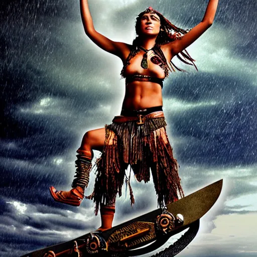 Prompt: Maori warrior princess on ancient steam punk hooverboard, storm outside by david LaChapelle