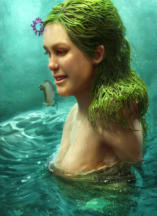 Prompt: underwater portrait of shrek as a mermaid, au naturel, hyper detailed, digital art, trending in artstation, cinematic lighting, studio quality, smooth render, unreal engine 5 rendered, octane rendered, art style by klimt and nixeu and ian sprigger and wlop and krenz cushart.