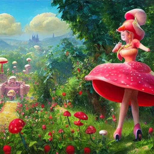 Prompt: portrait of princess peach from Mario, running up a hill of exotic flowers in the Mushroom Kingdom, giant red and white spotted mushrooms, and roses, from behind, Castle in distance, birds in the sky, sunlight and rays of light shining through trees, beautiful, solarpunk!!!, highly detailed, digital painting by Michael Garmash and Peter Mohrbacher