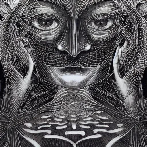 Image similar to holographic interface painted in alex grey and cameron gray style drawn by takato yamamoto, inspired by ooioo, intricate 3 d sculpture, black and white, 3 d, high detail, sharp high detail, artstation, octane
