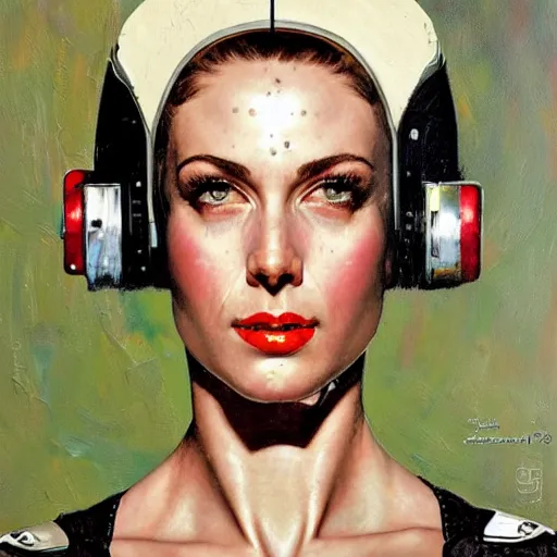 Image similar to portrait of a female android painted by Norman Rockwell and Sandra Chevrier