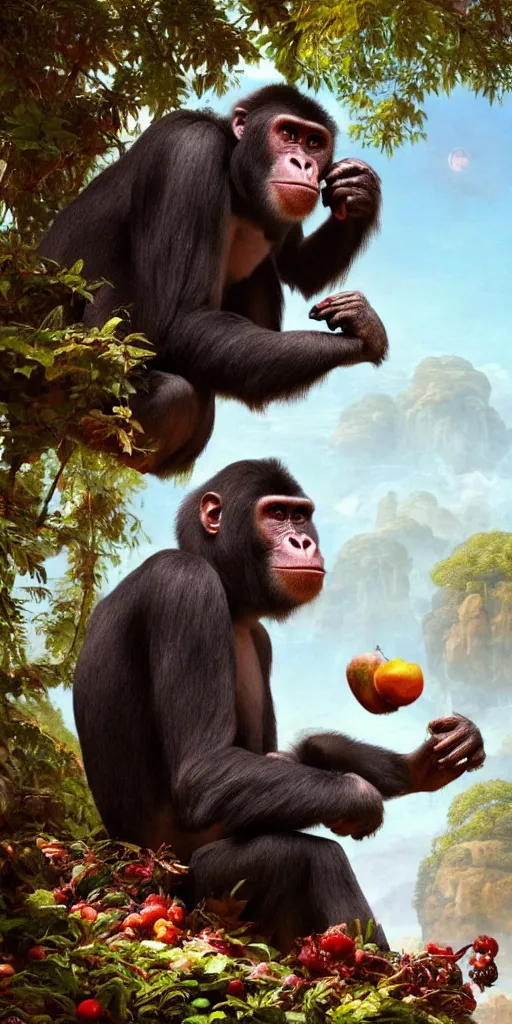 Prompt: a hyperdetailed rendering of a great random monkey gorilla eating random fruits in random landscape at random time, psychedelic art by greg rutkowski, artwork by michelangelo buonarroti and artwork by kinkade, hdr, 4 k, artstation, cgsociety, unreal engine