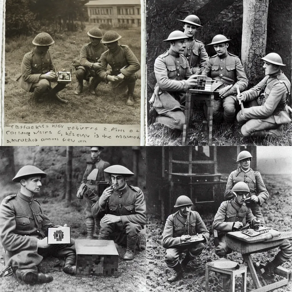 Prompt: ww1 photograph of soldiers playing minecraft on an ipad