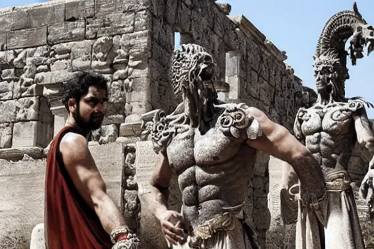 Prompt: horrible giant demons outside ancient greek temple. bollywood fantasy action movie still.