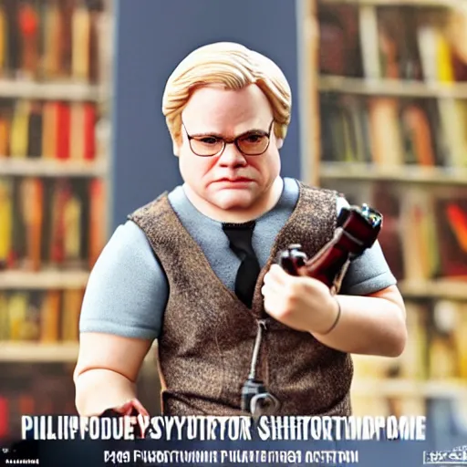 Prompt: product shot of Phillip Seymour Hoffman action figure, original packaging, full shot, including accessories