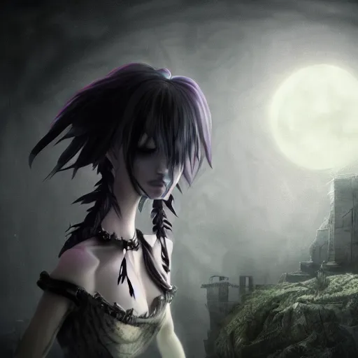 Image similar to full shot portrait of angry darkness anime girl at moonlight, gothic wearing, inspired by Tim Burton, WLOP, Marc Simonetti, Amano, Andrei Riabovitchev, detailed, unreal engine 4k volumetric light, fog,