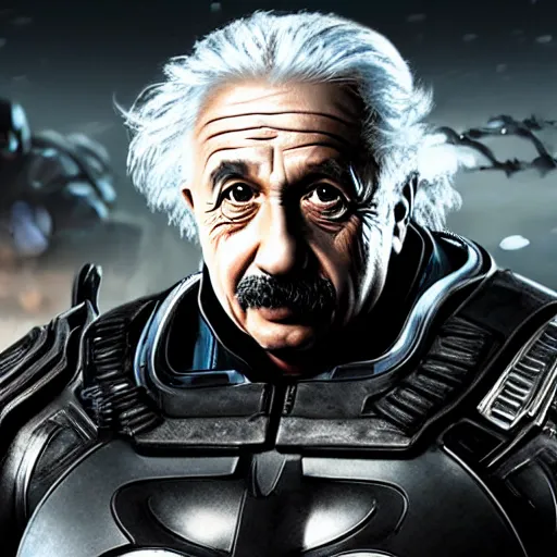 Image similar to Albert Einstein as Batman in Gears of War, splash art, movie still, detailed face, cinematic lighting, dramatic, octane render, long lens, shallow depth of field, bokeh, anamorphic lens flare, 8k, hyper detailed, 35mm film grain