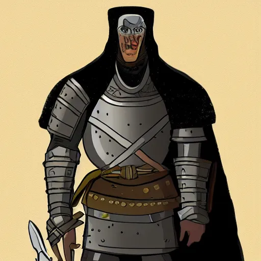 Prompt: medieval man with armor crying concept art in the style of mike mignola high detailed