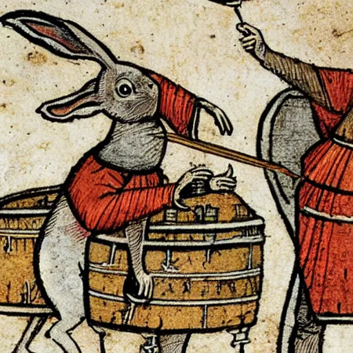 Prompt: medieval book illustration of a rabbit playing drums