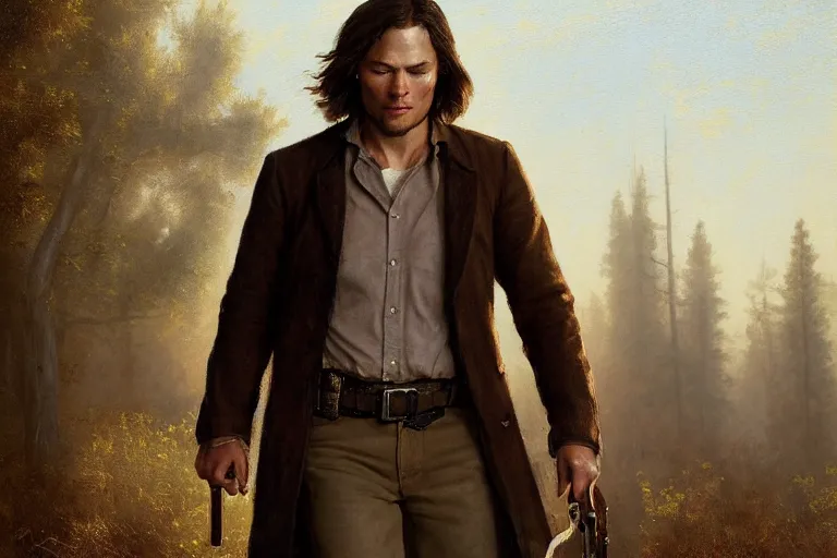 Image similar to an ultradetailed image of sam winchester as an old west gunfighter, masterpiece, 8 k, art by greg rutkowski and albert bierstadt