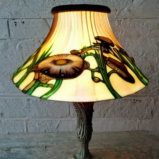 Image similar to beautiful victorian art nouveau mushroom shaped lampshade, river reeds duckweeds close up abstract mallard feathers, mucha tiffany kilian eng