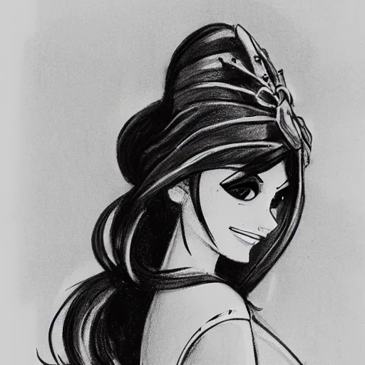 Image similar to milt kahl sketch of victoria justice with done up hair, tendrils covering face and ponytail as princess padme from star wars episode 3