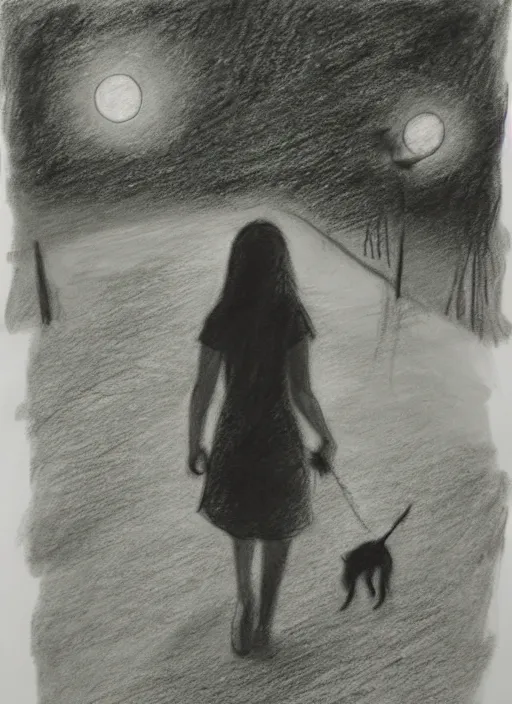 Image similar to young brown woman walking her dog in a park at night with a full moon charcoal drawing