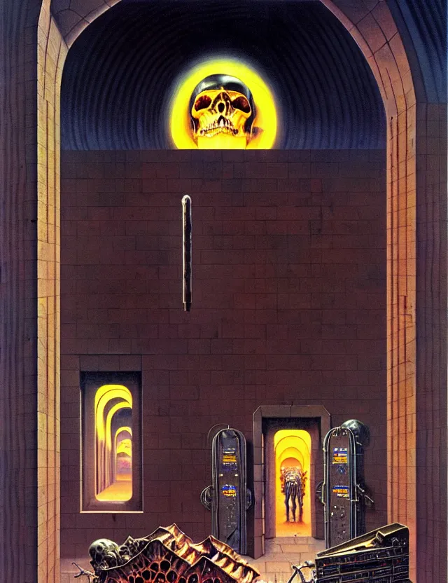 Image similar to huge gothic crematorium on desert planet, elevator, side ramp entrance ambulance smoke dead bodies, guards intricate, painting by lucian freud and mark brooks, bruce pennington, dark colors, neon, death, guards