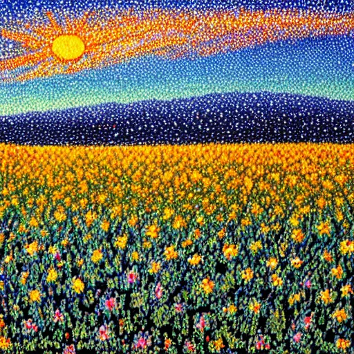 Image similar to spacex starship rocket landing in a field of flowers at sunset, pointillism painting