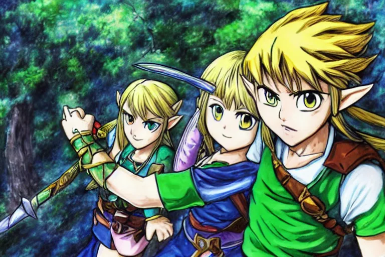 Prompt: Zelda and Link, anime, 4k, art style of Togashi Yoshihiro and Takeuchi Naoko,