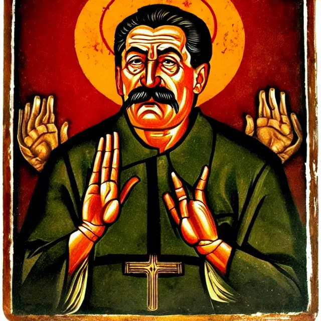 Image similar to stalin's eternal torment in hell abdulov in the style of orthodox icons