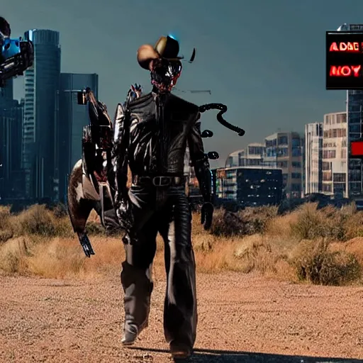 Image similar to a terminator android dressed as a cowboy while mounting a bear, 8 k, movie still, high detail, hyperrealistic, 2 0 7 7, cyberpunk aesthetic