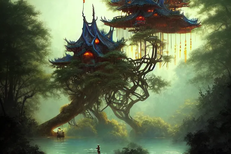 Prompt: treehouse from gaudi in a deep mystical forest , floating chinese lampoons, lake, waterfall, tall people walking and discussing, dynamic lighting, art by peter mohrbacher and john howe on artstation, mix with rivendell architecture, night mood