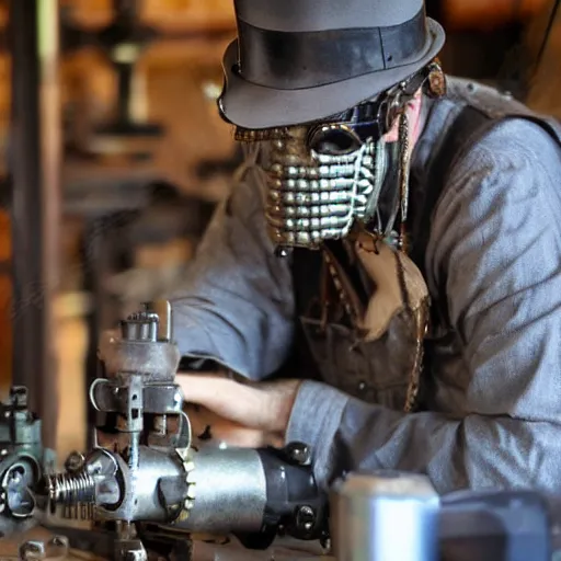 Image similar to steampunk industrialist working on a motor and feeling eureka