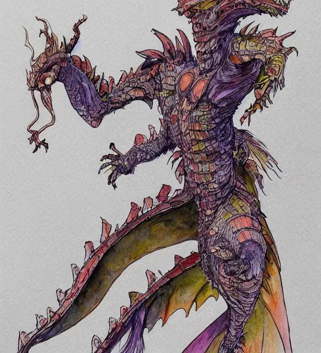 Image similar to a 3 / 4 view watercolor ink painting of a humanoid anthropomorphic dragon in a dress in the style of jean giraud in the style of moebius trending on artstation deviantart pinterest detailed realistic hd 8 k high resolution