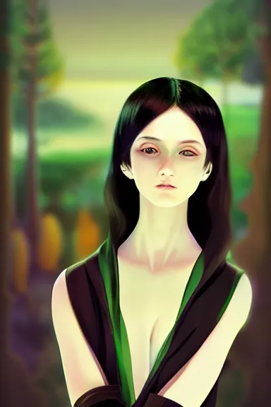 Image similar to mysterious girl child with her long black hair dressed in a chequered robe anime art style, big green diamond on her hand, digital art by ilya kuvshinov, inspired by balthus, hd, 4 k, hyper detailed