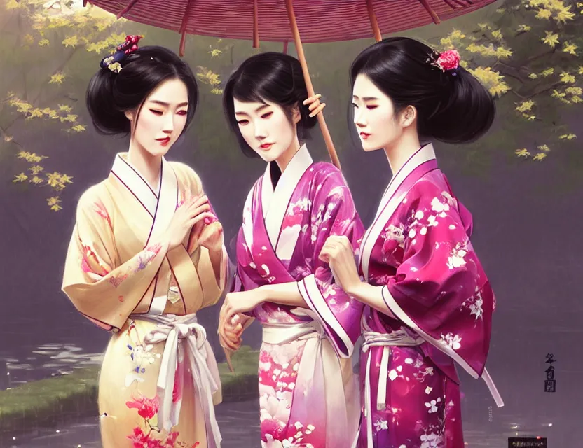 Image similar to two beautiful fashion taiwan girl wear elegant yukata in festival | | big eyes, summer night, realistic shaded, smile, good looking, fine details, 4 k realistic, cryengine, realistic shaded lighting poster by greg rutkowski, magali villeneuve, artgerm, jeremy lipkin and michael garmash and rob rey