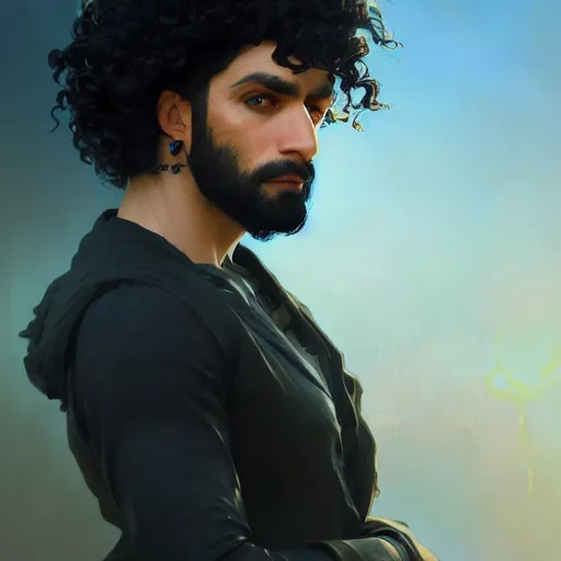 Image similar to ,Crystal blue eyes arab man with black hair curly,serious face, by WLOP,Artgerm,Greg Rutkowski,Alphonse Mucha, Beautiful dynamic,shadows,Artstation,concept design art,Octane render,8K