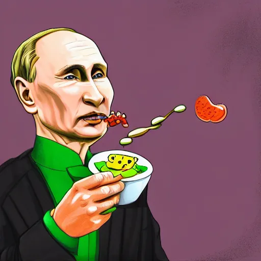 Prompt: a person looking like vladimir putin eating piccolo with sponch bob, digital painting