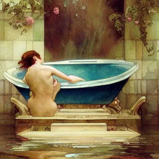 Prompt: a beautifull intricate watercolour painting of a bath, reflexions, verry high details by william turner art, greg rutkowski and alphonse mucha, trending on artstation, very very detailed, masterpiece, muted colors