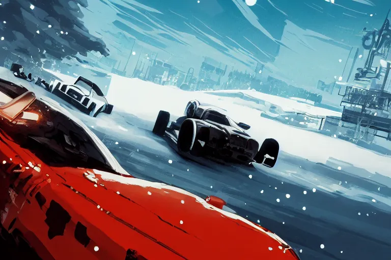 Image similar to dieselpunk mad max mclaren f 1 speeding across a frozen lake in a blizzard by makoto shinkai, ilya kuvshinov, lois van baarle, rossdraws, basquiat