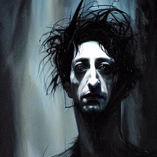 Prompt: stunning portrait of gaunt adrien brody a ( the cure fan ) as dream from sandman, dim stars as eyes, by jeremy mann, by cedric peyravernay, by by russ mills, by richard avedon and ben templesmith, dramatic lightning, sadness, dark eye sockets, in the shadows, punk rock, gothic, high detailed, 8 k