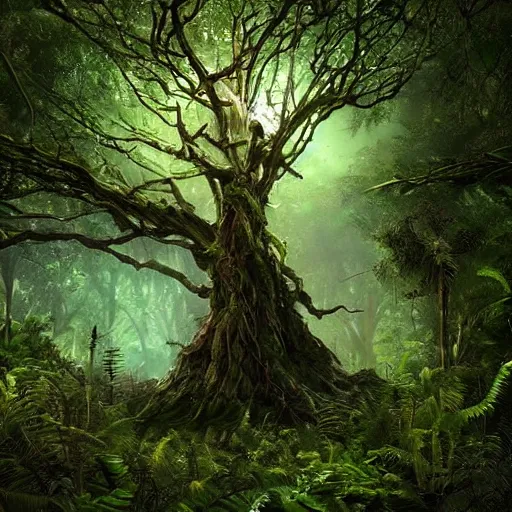 Prompt: horrific, spectacular tree in a densely overgrown jungle, fantasy, dreamlike sunraise, ultra realistic