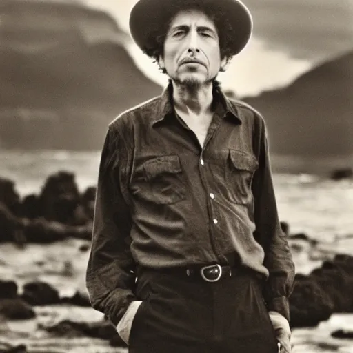 Image similar to bob dylan holding up bull kelp, gazing at it endearingly, photograph